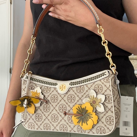 New Tory Burch 🌼 T MONOGRAM BRAIDED FLORAL STUDIO HAZELNUT - Picture 12 of 13